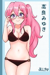  absurdres adjusting_eyewear arm_behind_back artist_name bikini blush breasts commentary female glasses highres jilly_(jillyplush) long_hair looking_at_viewer lucky_star medium_breasts navel o-ring o-ring_bikini pink_hair ponytail purple_eyes smile solo swimsuit takara_miyuki translation_request 