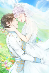  1boy absurdres alternate_costume atelier_(series) atelier_lulua bridal_veil bride brown_hair christoph_aurel_arland closed_eyes day dress elmerulia_fryxell face-to-face female flower from_side grass grey_hair groom hand_on_another&#039;s_face happy highres hug jacket jewelry lifting_person long_hair looking_at_another open_mouth outdoors piya_(user_vpmd8452) puffy_short_sleeves puffy_sleeves ring short_hair short_sleeves sky smile straight tiara veil wedding wedding_dress wedding_ring white_dress white_jacket 