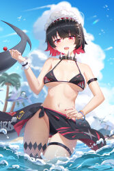  absurdres bare_shoulders bikini black_bikini black_choker black_hair black_sarong blue_sky breasts candy choker colored_inner_hair ellen_joe fins fish_tail food highres holding holding_candy holding_food holding_lollipop large_breasts lollipop looking_at_viewer maid_headdress multicolored_hair navel ningjuice open_mouth partially_submerged red_eyes red_hair red_nails sarong shark_girl shark_tail shark_tooth short_hair sky stomach summer swimsuit tail thigh_strap thighs two-tone_hair zenless_zone_zero 