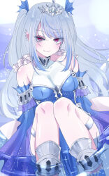  afloat bare_shoulders blush breasts cleavage detached_sleeves female fins grey_hair hayupipipipi head_fins highres jewelry knees_together_feet_apart long_hair looking_at_viewer medium_breasts multicolored_hair purple_hair red_eyes smile soaking_feet solo streaked_hair tearlaments_scheiren thighlet tiara two_side_up uneven_eyes yu-gi-oh! 