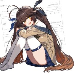  absurdres antenna_hair background_request blue_skirt blush brown_hair brown_jacket commentary dark_skin female full_body girls&#039;_frontline highres jacket legs_together long_hair long_sleeves looking_at_viewer looking_to_the_side m14_(girls&#039;_frontline) no_shoes off_shoulder open_mouth orange_eyes pleated_skirt r_scrubed request_inset screenshot_inset shirt sitting skindentation skirt solo symbol-only_commentary teeth thighhighs twintails upper_teeth_only very_long_hair white_shirt white_thighhighs yellow_eyes 