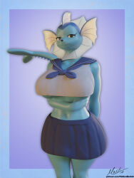  3d_(artwork) anthro anthrofied blender_(artwork) bottomwear breasts clothing digital_media_(artwork) eeveelution female generation_1_pokemon hi_res hiddenmask18 navel nintendo pokemon pokemon_(species) pokemorph school_uniform skirt solo text uniform url vaporeon 