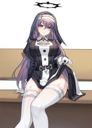  aeri_(closers) aqua_eyes arm_support ascot black_coif black_dress black_halo breasts closed_mouth closers clothes_lift coif dress dress_lift feet_out_of_frame female garter_straps gloves hair_between_eyes halo highres juliet_sleeves lace-trimmed_thighhighs lace_trim large_breasts lifting_own_clothes long_hair long_sleeves looking_at_viewer nun official_art on_bench pelvic_curtain puffy_sleeves purple_hair short_dress sitting smile solo spiked_halo straight-on thighhighs very_long_hair white_ascot white_background white_gloves white_thighhighs 