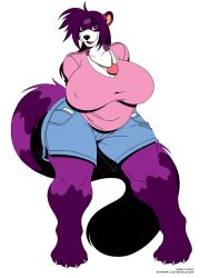  2009 anthro belly big_breasts bottomwear breasts clothing deonwolf digital_media_(artwork) english_text female fur heart_symbol hi_res huge_breasts jewelry mammal multicolored_body multicolored_fur necklace open_mouth procyonid purple_body purple_eyes purple_fur raccoon shina_(daigo) shirt shorts slightly_chubby slightly_chubby_anthro slightly_chubby_female solo text thick_thighs topwear two_tone_body two_tone_fur white_body white_fur wide_hips 