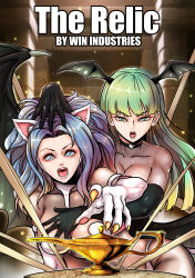  2girls absurdres animal_ears awestruck blue_eyes blue_hair blunt_bangs breasts cat_ears cat_girl darkstalkers elbow_gloves felicia_(darkstalkers) gloves green_eyes green_hair hand_on_another&#039;s_chest hand_on_another&#039;s_head head_wings highres holding_back latex long_hair morrigan_aensland multiple_girls voreprank wavy_hair white_fur wings 