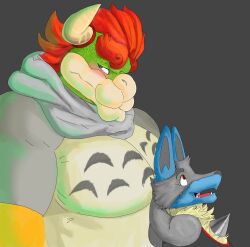  2019 anthro blush bowser chest_horn clothing duo generation_4_pokemon hair hand_behind_head hi_res horn looking_away lucario male mario_bros mc_morrales muscular nintendo open_mouth pokemon pokemon_(species) red_hair shirt size_difference topwear 