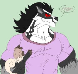  2020 anthro anthrofied big_muscles black_hair blush clothing duo generation_7_pokemon generation_8_pokemon hair looking_aside male mc_morrales muscular nintendo nipple_fetish nipple_play nipple_suck obstagoon pokemon pokemon_(species) rockruff shirt size_difference sucking sucking_thru_shirt topwear touching_another 