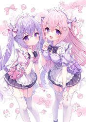  2girls :d animal_ear_fluff animal_ears apron arm_at_side bag bag_bow black_bow black_bowtie black_skirt blush bow bowtie breasts cat_ears cat_tail cleavage cleavage_cutout closed_mouth clothing_cutout dot_mouth feet_out_of_frame frilled_apron frills garter_straps hair_between_eyes hair_ornament hairbow hairclip hand_on_own_thigh hand_up heart heart-shaped_bag heart_hair_ornament highres jersey_maid large_breasts long_hair looking_at_viewer maid maid_headdress microskirt momochi_chia multiple_girls nail_polish oerba_yun_fang open_mouth original pink_bag pink_bow pink_hair pink_nails pink_sailor_collar pink_wrist_cuffs plaid_bow plaid_bowtie plaid_clothes pleated_skirt purple_bag purple_bow purple_eyes purple_hair purple_sailor_collar purple_wrist_cuffs sailor_collar short_sleeves shoulder_bag skirt small_breasts smile standing tail thighhighs twintails two_side_up unconventional_maid waist_apron white_apron white_thighhighs wrist_cuffs zettai_ryouiki 