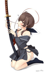  ? absurdres artist_name bare_shoulders black_ribbon black_sailor_collar black_serafuku black_shirt black_skirt black_socks blush breasts brown_eyes cleavage commentary ebiko_yaki female full_body hair_ribbon halo highres holding holding_sword holding_weapon katana kneeling long_hair long_sleeves looking_at_viewer low_twintails miniskirt mouth_hold neckerchief no_shoes off_shoulder ohitome_kohane project_kv red_halo red_neckerchief ribbon sailor_collar school_uniform serafuku shirt side_slit simple_background skirt small_breasts socks solo sword twintails twitter_username weapon white_background 