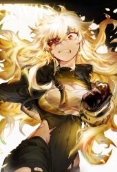  ahoge alternate_costume angry artist_name bare_hips black_gloves black_jacket black_leotard bleeding blonde_hair blood blood_on_face breasts buckle cleavage cleavage_cutout clenched_hand clenched_teeth clothing_cutout collar cropped_jacket ember_celica_(rwby) eye_injury female fingerless_gloves gauntlets gloves glowing glowing_hair highres hiru315 injury jacket leotard long_hair looking_at_viewer official_alternate_eye_color open_clothes open_jacket red_eyes rwby solo standing teeth torn_clothes v-shaped_eyebrows wavy_hair weapon yang_xiao_long 