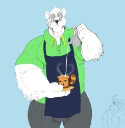  2019 4_fingers anthro apron bear big_muscles blue_background blush bodily_fluids bottomwear button_(fastener) canid canine clothing container cup drooling fingers fur group hi_res holding_object inanimate_transformation looking_at_another male mammal mc_morrales mug muscular pants polar_bear pouring raccoon_dog saliva shirt simple_background size_difference standing tanuki topwear transformation trio ursine white_body white_fur 