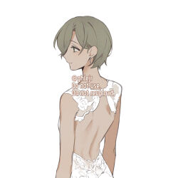  back backless_dress backless_outfit bare_arms closed_mouth dress earrings english_text female from_behind ghlejr girls_band_cry grey_hair jewelry mole mole_under_eye profile rupa_(girls_band_cry) short_hair simple_background smile solo watermark white_background white_dress 