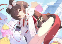  &gt;_&lt; azur_lane balloon bent_over bow brown_eyes brown_hair dress dress_bow female frilled_dress frills from_behind hairbow haruteru heart_balloon looking_at_viewer manjuu_(azur_lane) official_alternate_costume outdoors short_dress sleeves_past_fingers sleeves_past_wrists star_balloon white_bow zuihou_(azur_lane) zuihou_(joy_comes_on_fledgling_wings)_(azur_lane) 