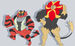  3_toes 4_fingers anthro big_muscles black_body black_fur black_markings clothed clothing countershading duo fangs feet fingers fist fur generation_6_pokemon generation_7_pokemon gesture grey_background grey_body grey_countershading hand_gesture huge_muscles incineroar looking_at_viewer male markings mc_morrales muscular nintendo nude pantsless plantigrade pokemon pokemon_(species) pyroar red_body red_fur running simple_background smile standing sweatshirt teeth thumbs_up toes 