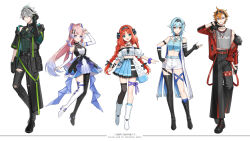  2boys 3girls absurdres alhaitham_(genshin_impact) amaichi_esora asymmetrical_footwear asymmetrical_gloves black_footwear black_gloves black_thighhighs blue_hair blue_socks boots bridal_gauntlets closed_mouth colored_tips elbow_gloves eula_(genshin_impact) fingerless_gloves genshin_impact gloves green_eyes hand_on_own_hip hand_up highres long_hair looking_at_viewer mismatched_footwear multicolored_hair multiple_boys multiple_girls nilou_(genshin_impact) official_art open_mouth pink_hair red_hair sangonomiya_kokomi scrunchie simple_background single_sock single_thighhigh smile socks standing tartaglia_(genshin_impact) thigh_boots thighhighs uneven_gloves white_background white_bridal_gauntlets white_footwear white_thighhighs wrist_scrunchie 