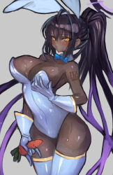  ahoge alternate_costume animal_ears armpits bare_shoulders black_hair blue_archive blue_bow blue_bowtie blush bow bowtie breasts carrot cleavage colored_tips cowboy_shot dakusuta dark-skinned_female dark_skin detached_collar earrings embarrassed fake_animal_ears female fishnet_pantyhose fishnets gloves gradient_hair halo hand_on_own_chest hand_up highres holding holding_carrot huge_breasts jewelry karin_(blue_archive) leotard long_hair looking_at_viewer multicolored_hair number_tattoo pantyhose playboy_bunny ponytail purple_hair purple_halo pursed_lips rabbit_ears slit_pupils solo sphere_earrings strapless strapless_leotard sweat tattoo thighhighs traditional_bowtie two-tone_hair white_gloves white_leotard white_thighhighs yellow_eyes 