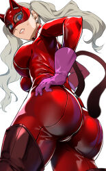  ass ass_focus back bakkanki blonde_hair blue_eyes bodysuit breasts clenched_teeth female from_behind gloves highres huge_ass long_hair looking_at_viewer looking_back mask medium_breasts persona persona_5 simple_background solo takamaki_anne teeth thick_thighs thighs twintails white_background 