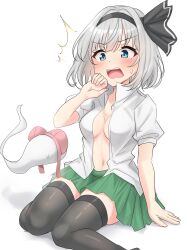  absurdres black_bow black_hairband black_thighhighs blue_eyes blush bow bra bra_on_head breasts collared_shirt commentary_request dress_shirt female green_skirt grey_hair hairband hairbow highres konpaku_youmu konpaku_youmu_(ghost) looking_at_another navel no_bra object_on_head open_clothes open_mouth open_shirt pink_bra pleated_skirt puffy_short_sleeves puffy_sleeves shadow shirt short_hair short_sleeves simple_background sitting skindentation skirt solo sweatdrop thighhighs touhou underwear white_background youmu-kun zettai_ryouiki 