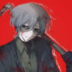  1boy black_hair black_jacket blood blood_in_hair blood_on_clothes blood_on_face blood_on_weapon blue_gloves chinese_commentary collared_shirt commentary_request glasses gloves green_shirt grey_hair grin hair_between_eyes highres holding holding_lead_pipe jacket lead_pipe liu_qingcheng male_focus mole mole_under_eye orz_(vvv6456741) red_background semi-rimless_eyewear shirt short_hair simple_background smile solo striped_clothes striped_jacket touqi_guaitan upper_body vertical-striped_clothes vertical-striped_jacket weapon 