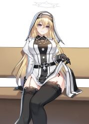  aeri_(closers) alternate_hair_color aqua_eyes arm_support ascot black_ascot black_gloves black_thighhighs blonde_hair breasts closed_mouth closers clothes_lift coif dress dress_lift feet_out_of_frame female garter_straps gloves hair_between_eyes halo highres juliet_sleeves lace-trimmed_thighhighs lace_trim large_breasts lifting_own_clothes long_hair long_sleeves looking_at_viewer nun official_art on_bench pelvic_curtain puffy_sleeves short_dress sitting smile solo spiked_halo straight-on thighhighs very_long_hair white_background white_coif white_dress white_halo 