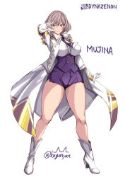  \\// blue_eyes boots breasts character_name coat collared_jacket copyright_name corset epaulettes full_body gloves gridman_universe high_heels highres instance_domination jacket kuga_zankurou large_breasts light_brown_hair looking_at_viewer medium_hair military_coat military_jacket mujina necktie purple_corset purple_necktie purple_shorts short_shorts shorts simple_background smile ssss.dynazenon standing thick_thighs thighs twitter_username white_background white_coat white_footwear white_gloves white_jacket 