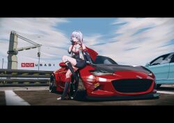  black_gloves black_shirt black_vest blue_car blue_eyes blush breasts car crane_(machine) elbow_gloves english_commentary female gloves grey_hair hand_on_own_chin highres honkai:_star_rail honkai_(series) letterboxed looking_at_viewer mazda_mx-5 mazda_mx-5_nd medium_breasts motor_vehicle multicolored_hair on_car red_hair shirt short_hair sitting sneusagi solo stance_(vehicle) streaked_hair sweatdrop topaz_(honkai:_star_rail) vehicle_focus vest white_shirt worried 