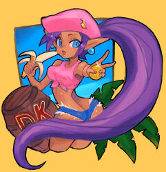  ass banana barrel beret blue_eyes breasts coin cosplay crop_top cropped_legs dakusuta dark-skinned_female dark_skin denim denim_shorts dixie_kong dixie_kong_(cosplay) donkey_kong_(series) earrings eyelashes eyeshadow female food front-tie_top fruit glint gold_coin hands_up hat highres holding holding_coin holding_food holding_fruit jewelry large_breasts leaf light_blush long_hair long_pointy_ears looking_at_viewer looking_back makeup micro_shorts open_mouth pink_hat pink_tank_top pointy_ears ponytail purple_hair shantae shantae_(series) shorts solo sphere_earrings tank_top torn_clothes torn_shorts twisted_torso v 