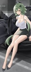  absurdres alternate_costume black_bra black_footwear black_skirt bra bra_strap bra_visible_through_clothes breasts caesar_king_(zenless_zone_zero) car cleavage dang_geun23283 female fingernails full_body green_hair hair_between_eyes highres large_breasts light_blush long_hair looking_at_viewer motor_vehicle parted_lips shadow sidelocks sitting skirt smile solo underwear yellow_eyes zenless_zone_zero 