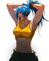  abs absurdres adjusting_hair armpits arms_behind_head arms_up bare_shoulders blue_eyes blue_hair breasts cargo_pants female hair_tie hair_tie_in_mouth hands_in_hair highres holding holding_own_hair leona_heidern long_hair mouth_hold muscular muscular_female navel pants ponytail raph_mavrost solo tank_top the_king_of_fighters the_king_of_fighters_xv tying_hair 