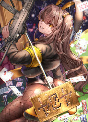  404_logo_(girls&#039;_frontline) alternate_costume animal_ears armband black_jacket black_leotard black_pantyhose brown_hair bullet_hole card commentary commentary_request fake_animal_ears fake_tail female fishnet_pantyhose fishnets girls&#039;_frontline gun high_heels highres holding holding_gun holding_weapon jacket leotard long_hair looking_at_viewer looking_back one_side_up orange_eyes pantyhose parted_lips playing_card poker_chip rabbit_ears rabbit_tail sabakuomoto scar scar_across_eye scope shell_casing shoes sitting smile solo tail teeth trigger_discipline ump45_(girls&#039;_frontline) weapon yellow_armband 