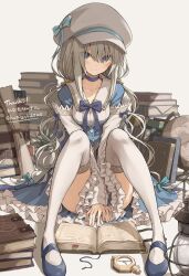  aqua_bow arms_between_legs blue_bow blue_bowtie blue_choker blue_dress blue_eyes blue_footwear blush book bow bowtie breasts choker closed_mouth collarbone collared_dress commission dress dress_tug female frilled_dress frills full_body grey_hair hairbow hamigakikoice hat hat_bow highres knees_together_feet_apart knees_up long_hair long_sleeves looking_at_viewer low_twintails mary_janes on_ground open_book original shoes sidelocks sitting skeb_commission small_breasts smile solo thank_you thighhighs twintails twitter_username very_long_hair white_hat white_thighhighs 