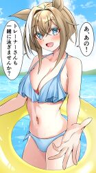  alternate_costume animal_ears blue_eyes breasts brown_hair cheval_grand_(umamusume) cleavage commentary_request female hair_between_eyes highres horse_ears horse_girl horse_tail looking_at_viewer medium_breasts medium_hair ocean reaching reaching_towards_viewer solo swimsuit tail toshi04193211 translation_request umamusume water wet 