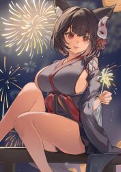  animal_ear_fluff animal_ears ariko_(aaaaarik) azur_lane black_hair breasts cat_ears cat_girl feet_out_of_frame female fireworks hair_ribbon happy highres holding holding_fireworks knees large_breasts long_sleeves looking_at_viewer mask mask_on_head mismatched_eyebrows night panties pantyshot red_eyes ribbon short_hair sideboob sitting smile sparkler thighs underwear yamashiro_(azur_lane) 