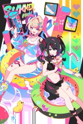  2girls :d ame-chan_(needy_girl_overdose) ball bandaid bandaid_on_leg beachball bikini black_bikini black_eyes black_hair black_sarong blonde_hair blue_eyes blue_hair blue_shirt buoy candy_hair_ornament chouzetsusaikawa_tenshi-chan dual_persona food food-themed_hair_ornament frilled_bikini frills hair_ornament hair_over_one_eye hairclip heart_o-ring highres holding holding_food holding_ice_cream holding_water_gun ice_cream ideolo long_hair multiple_girls navel needy_girl_overdose o-ring o-ring_thigh_strap one-piece_swimsuit pien_cat_(needy_girl_overdose) pink_hair quad_tails rubber_duck sarong see-through see-through_shirt shirt smile swimsuit thigh_strap twintails very_long_hair water_gun white_one-piece_swimsuit 