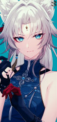  absurdres animal_ear_fluff animal_ears blue_background blue_eyes blue_gloves chinese_clothes commentary_request eyeshadow feixiao_(honkai:_star_rail) female forehead_jewel fox_ears gloves highres hitodama honkai:_star_rail honkai_(series) looking_at_viewer makeup mandarin_collar miyoushe_watermark partially_fingerless_gloves pochimaru_(marumaru_wanwan) red_eyeshadow shirt simple_background sleeveless sleeveless_shirt smile solo white_hair 