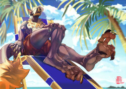  5_fingers 5_toes anthro bat beach bottomwear brown_body claws clothing cloud digital_media_(artwork) feet fingers foot_focus freckled_face freckles fur gold_(metal) hair hi_res low-angle_view male mammal mouth_closed neck_tuft nipples outside palm_tree piercing plant plantigrade prehensile_feet shorts sitting solo stoven_(xdarkspace) tail toe_claws toes tree tuft white_hair worm&#039;s-eye_view xdarkspace yellow_body yellow_fur 