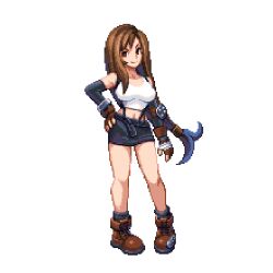  belt boots breasts brown_footwear brown_gloves brown_hair collarbone commentary_request crop_top female final_fantasy final_fantasy_vii fingerless_gloves full_body gloves hand_on_own_hip large_breasts long_hair looking_at_viewer low_ponytail midriff navel pencil_skirt pixel_art pixelflag simple_background skirt solo suspender_skirt suspenders swept_bangs tank_top tifa_lockhart v-shaped_eyebrows white_tank_top 