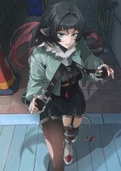  animal_ears black_gloves black_hair black_shorts blunt_bangs boots brown_pantyhose brown_thighhighs female fingerless_gloves fingernails fur-trimmed_jacket fur_trim gloves green_eyes green_jacket grey_footwear high-waist_shorts highres jacket jane_doe_(zenless_zone_zero) long_hair looking_at_viewer mouse_ears mouse_girl mouse_tail multicolored_hair nail_polish noirdetsuki outdoors pantyhose parted_lips red_hair red_nails shadow shorts sidelocks single_leg_pantyhose single_thighhigh smile solo tail thighhighs two-tone_hair zenless_zone_zero 