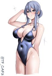  absurdres arm_behind_head arm_up bare_arms bare_shoulders blue_eyes blue_hair blue_one-piece_swimsuit blush breasts cleavage collarbone commentary_request covered_navel cropped_legs female gotland_(kancolle) groin hair_between_eyes hair_bun highres kantai_collection large_breasts long_hair looking_at_viewer mole mole_under_eye one-hour_drawing_challenge one-piece_swimsuit simple_background smile solo swimsuit tf_cafe twitter_username white_background 