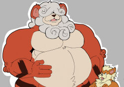  2021 4_fingers anthro anthrofied belly big_belly curled_hair duo fangs fingers generation_1_pokemon generation_8_pokemon grey_background grey_hair growlithe hair hand_on_belly hisuian_form hisuian_growlithe huge_muscle looking_at_another male mc_morrales musclegut muscular nintendo nude open_mouth pokemon pokemon_(species) regional_form_(pokemon) simple_background size_difference teeth 