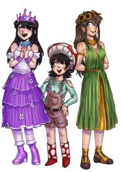  3girls adapted_costume blue_eyes boots bracelet breasts brown_footwear brown_hair brown_overalls cleavage closed_eyes commentary crown dress empires_smp english_commentary flower green_dress green_shirt happy head_wreath highres jewelry katherine_elizabeth katherine_elizabeth_(house_blossom) long_hair looking_at_viewer medium_hair minecraft_youtube multiple_girls mushroom_hat necklace overalls oxiwan pearlescentmoon pearlescentmoon_(farmer) petite purple_dress shirt shrub_berry shubble simple_background smile standing sunflower white_background 