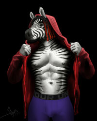  2024 4:5 abs absurd_res anthro bgn black_background black_hair black_nipples bulge clothed clothing dreadlocks equid equine facial_hair goatee grin hair hi_res hoodie jayden_(darkmuffin) male mammal manly muscular navel nipples open_clothing open_hoodie open_topwear pecs red_hair simple_background smile solo standing striped_body stripes topwear underwear underwear_only zebra 