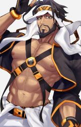  1boy abs bara beard black_gloves black_hair black_headband black_jacket brown_eyes chest_strap collarbone commentary_request cowboy_shot expressionless facial_hair gloves headband highres jacket large_pectorals long_sleeves male_focus matapon_(popoponex) mature_male moustache muscular muscular_male navel navel_hair nipples open_clothes open_jacket orange_headband pants parted_lips pectorals rashid_(street_fighter) short_hair solo stomach street_fighter street_fighter_6 teeth two-tone_headband white_background white_pants 