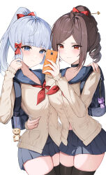  2girls absurdres alternate_costume bag black_choker black_thighhighs blue_eyes blunt_bangs blunt_tresses blush bow brown_cardigan brown_eyes brown_hair cardigan cellphone chiori_(genshin_impact) choker commentary_request drill_hair genshin_impact grey_hair hair_ornament hair_stick hairbow hand_on_another&#039;s_shoulder high_ponytail highres holding holding_phone kamisato_ayaka long_hair long_sleeves miniskirt multiple_girls neckerchief parted_bangs partial_commentary phone red_bow red_neckerchief sailor_collar school_bag simple_background skindentation skirt smartphone thighhighs torso_grab white_background yeni1871 zettai_ryouiki 