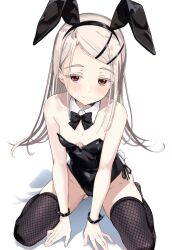  animal_ears bare_shoulders black_bow blonde_hair blush bow breasts cleavage colored_eyelashes commentary detached_collar ear_piercing earrings fake_animal_ears fake_tail female fishnet_thighhighs fishnets gakuen_idolmaster hair_ornament hairclip highres idolmaster jewelry long_hair looking_at_viewer orange_eyes piercing playboy_bunny rabbit_ears rabbit_tail rauto shinosawa_hiro simple_background solo stud_earrings sweat swept_bangs tail thighhighs white_background wrist_cuffs 