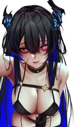  absurdres armpit_crease asymmetrical_horns bar_censor bare_shoulders black_bra black_hair black_horns black_panties black_thighhighs blue_background blue_hair bra breasts censored chest_strap cleavage collarbone colored_inner_hair commentary cosplay demon_horns dot_nose english_commentary female garter_straps highres hololive hololive_english horns kafka_(honkai:_star_rail) kafka_(honkai:_star_rail)_(cosplay) large_breasts lips long_hair looking_at_viewer mole mole_under_eye multicolored_hair nerissa_ravencroft panties reaching reaching_towards_viewer red_eyes red_lips shirt sidelocks simple_background soju_ice solo straight_hair swept_bangs teeth thighhighs underwear uneven_horns upper_teeth_only very_long_hair virtual_youtuber white_shirt 