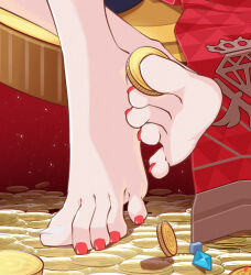  absurdres argyle_clothes artist_logo barefoot between_toes blue_gemstone coin crossed_ankles english_commentary feet feet_only female foot_focus gem gem_(symbol) gold_coin gradient_background highres holding holding_coin holding_with_feet honkai:_star_rail honkai_(series) mohoshadream nail_polish red_background red_nails shadow sitting solo star_(sky) toenail_polish toenails toes topaz_(honkai:_star_rail) two-tone_nails white_nails 