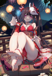  aerial_fireworks aoi_(buzhuen444) arm_support bare_shoulders barefoot bell black_choker black_gloves black_hair choker criss-cross_halter detached_sleeves dress female fireworks flower_tattoo fox_mask gloves halterneck holding holding_fireworks honkai:_star_rail honkai_(series) long_hair looking_at_viewer mark_under_both_eyes mask mask_on_head neck_bell night o-ring pantyhose pink_eyes red_dress sash single_glove sitting solo sparkle_(honkai:_star_rail) sparkler tattoo toes 