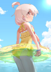  ahoge ass bare_arms bare_shoulders blue_sky bracelet breasts brown_eyes cloud commentary cowboy_shot day earrings female flower_earrings frilled_one-piece_swimsuit frills from_behind hair_between_eyes hair_over_shoulder highres innertube jewelry kyarahiba light_blush long_hair looking_at_viewer looking_back low_twintails one-piece_swimsuit onii-chan_wa_oshimai! outdoors oyama_mahiro partially_underwater_shot pink_hair side-tie_one-piece_swimsuit sky small_breasts solo sun swim_ring swimsuit twintails water yellow_one-piece_swimsuit 