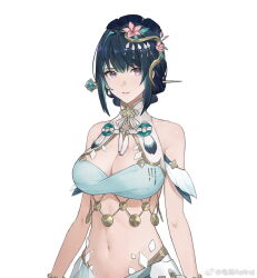  aqua_bikini aqua_hair bare_arms bare_shoulders bikini black_hair breasts chinese_hairpin cleavage dianma_refind earrings female flower hair_flower hair_ornament hanying:_solacetune_(punishing:_gray_raven) hanying_(punishing:_gray_raven) jade_(gemstone) jewelry large_breasts light_smile looking_at_viewer mole mole_under_eye multicolored_hair navel official_art pink_flower punishing:_gray_raven purple_eyes solo stomach streaked_hair swimsuit tachi-e upper_body weibo_logo weibo_watermark white_background 